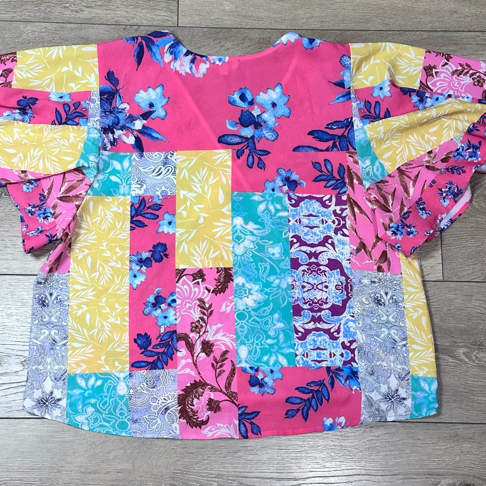 Umgee Mock Wrap Crossbody Flutter Sleeve Mixed Print Top - Picture 14 of 15